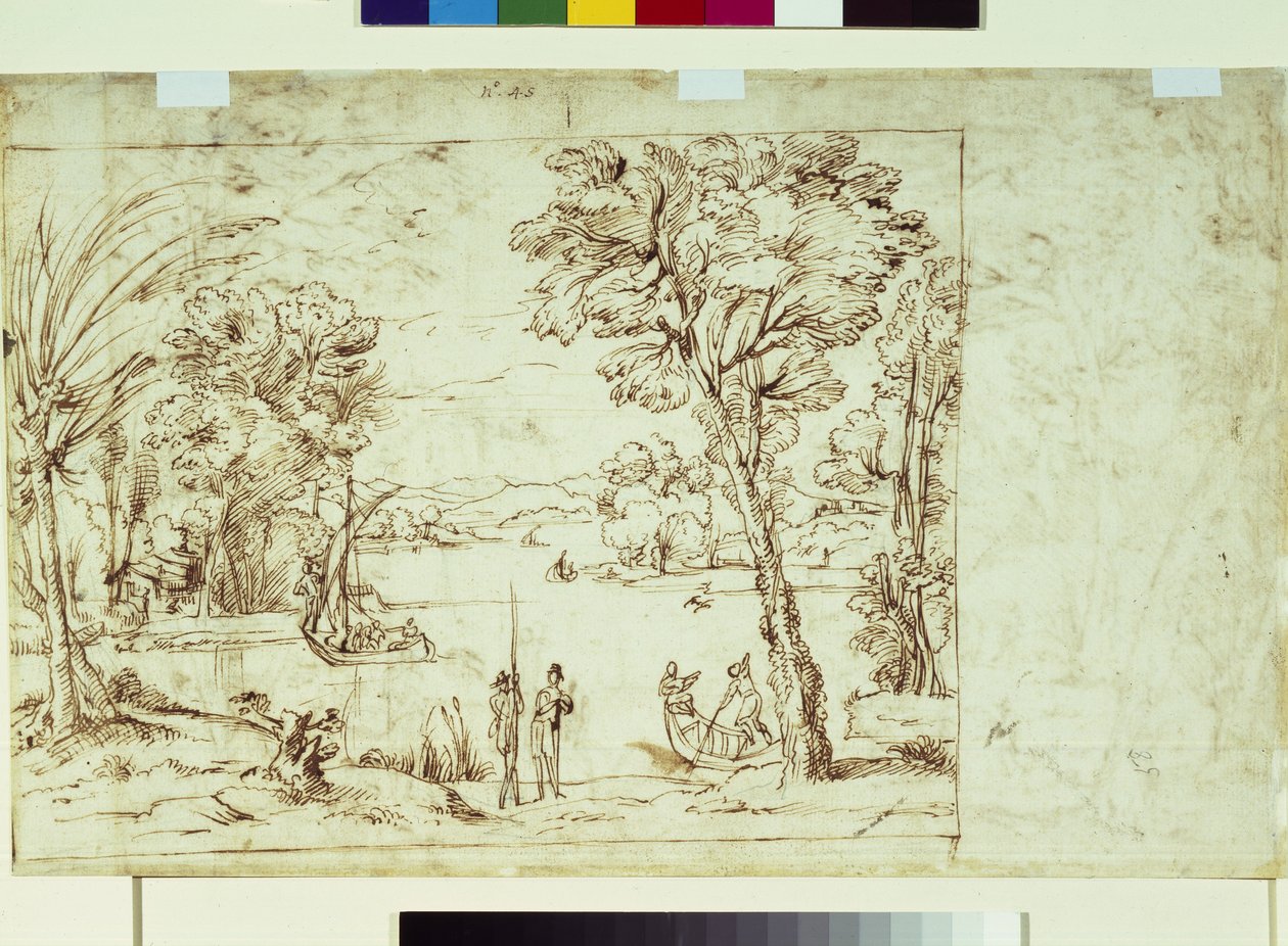 Paisagem com figuras na margem de um rio (caneta e tinta sobre papel) de Giovanni Francesco Grimaldi