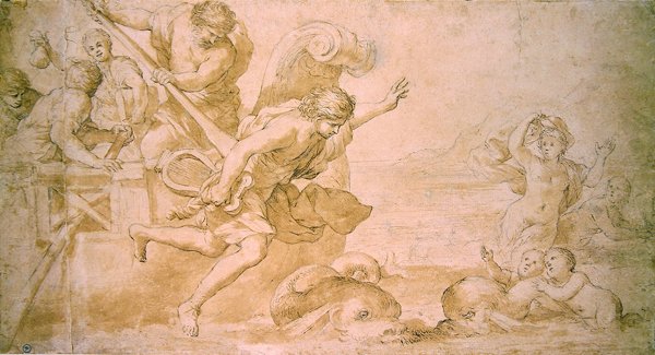 Arion and the Dolphins (caneta e tinta castanha e lavagem em papel) de Giovanni Francesco Romanelli