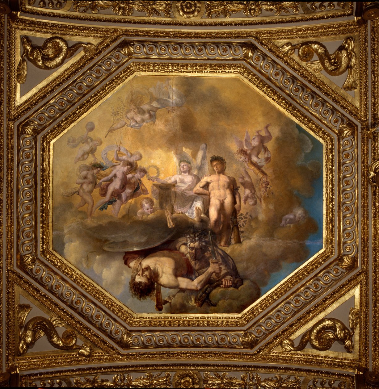 Persegue matar o Meduse. Pintura de Giovanni Romanelli (1601-1662) decorando o teto do Antonine Hall, quarto dos apartamentos de verão da Rainha Ana da Áustria (1601-1666). Por volta de 1655-1658. Paris, Museu do Louvre. de Giovanni Francesco Romanelli