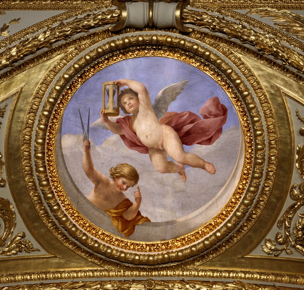 Amor de Prudence. Pintura de Giovanni Romanelli (1601-1662) decorando o teto do Antonine Hall, quarto dos apartamentos de verão da Rainha Ana da Áustria (1601-1666). Por volta de 1655-1658. Paris, Museu do Louvre. de Giovanni Francesco Romanelli