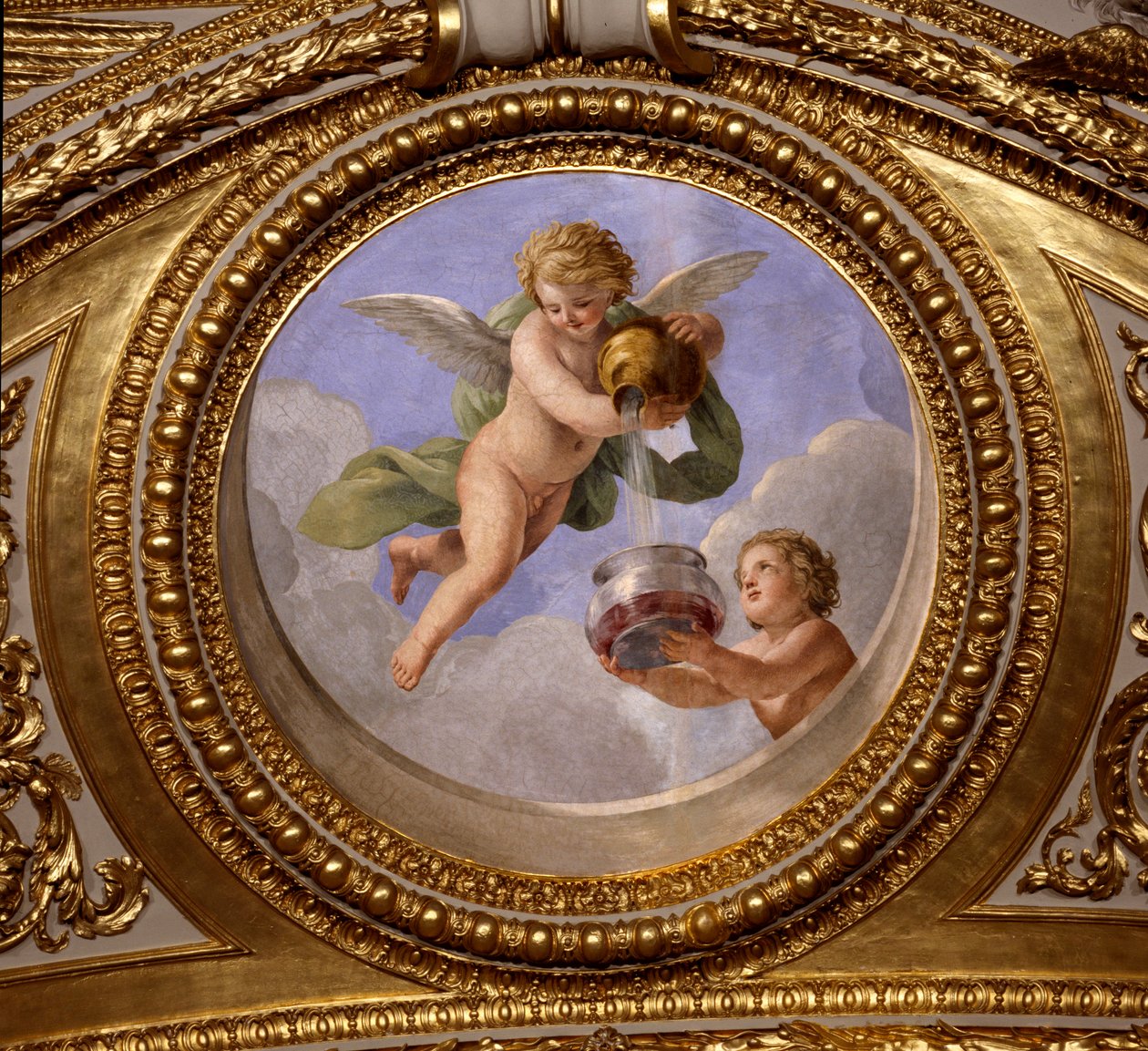 Amor de continência. Pintura de Giovanni Romanelli (1601-1662) decorando o teto do Antonine Hall, quarto dos apartamentos de verão da Rainha Ana da Áustria (1601-1666). Por volta de 1655-1658. Paris, Museu do Louvre. de Giovanni Francesco Romanelli