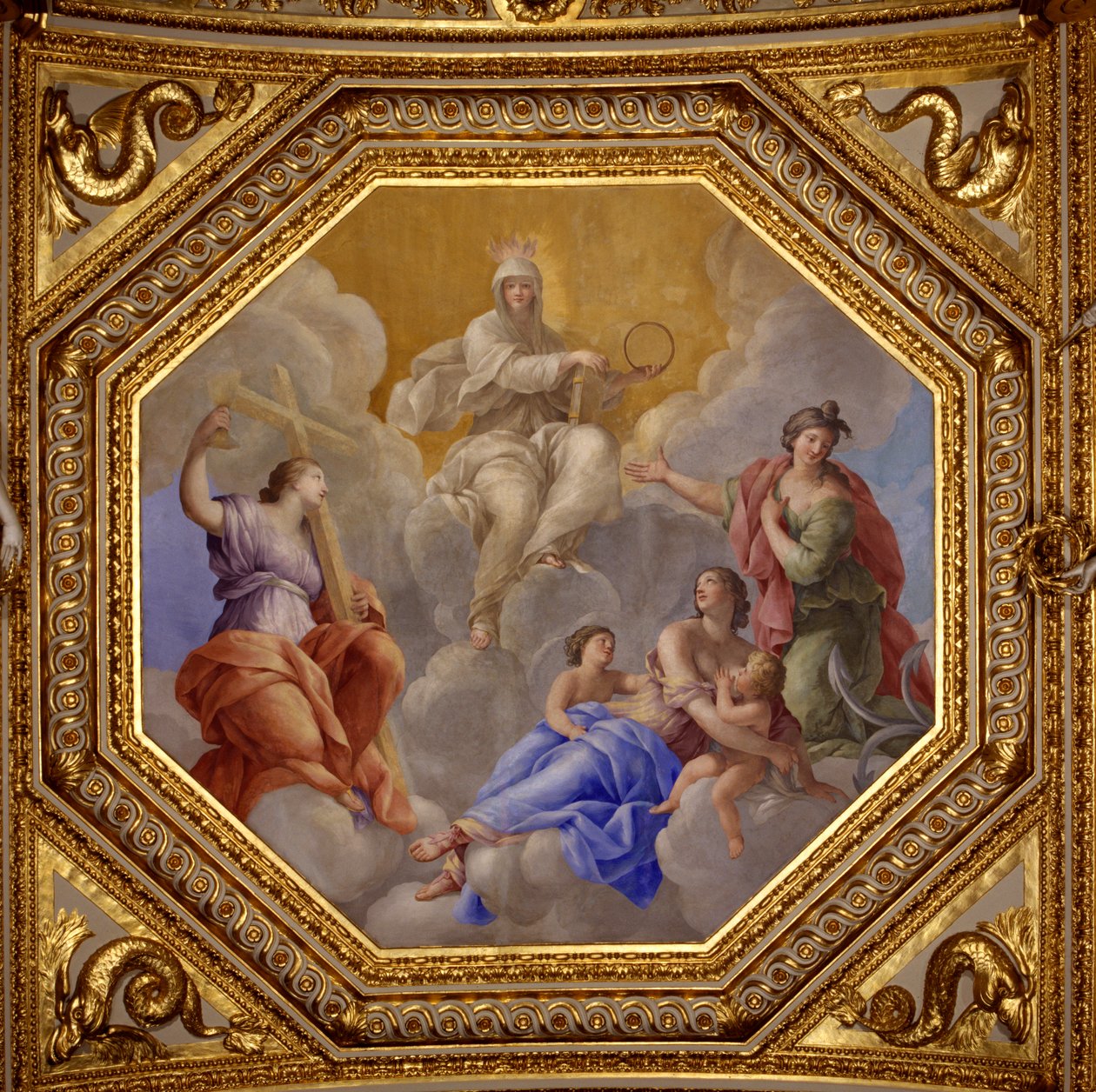 Religião e virtudes teologais (Fé, Caridade, Esperança). Pintura de Giovanni Romanelli (1601-1662) decorando o teto do salão Antonine, quarto dos apartamentos de verão da Rainha Ana da Áustria (1601-1666). Por volta de 1655-1658. Paris, Louvre Mus de Giovanni Francesco Romanelli
