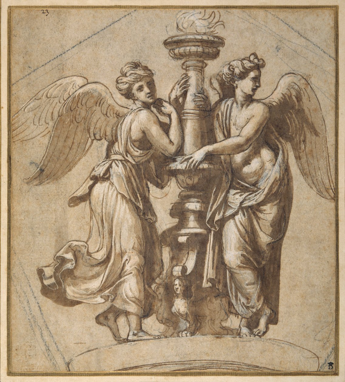Vitórias abraçando um candelabro (caneta e tinta marrom com giz preto sobre papel) de Giovanni Francesco (c.1488 1528) Penni