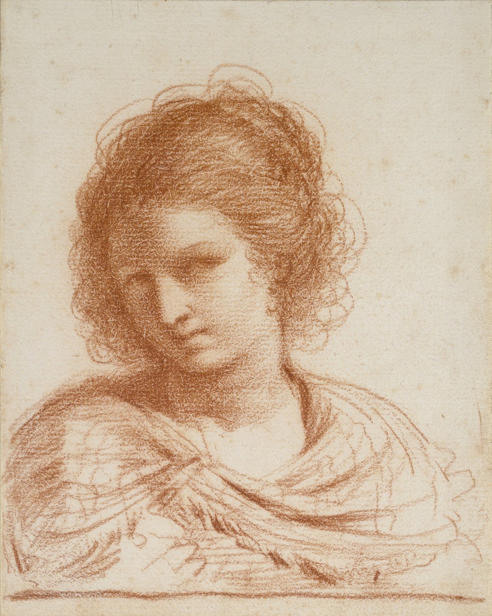 Cabeça de uma jovem mulher, 1650-1666 (giz vermelho sobre papel branco) de Giovanni Francesco Barbieri