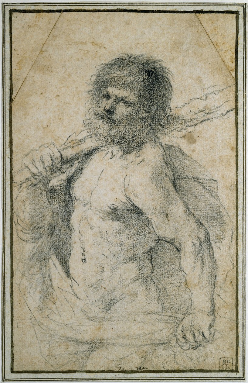 Hércules, 1555 - 1666 (giz preto sobre papel branco) de Giovanni Francesco Barbieri