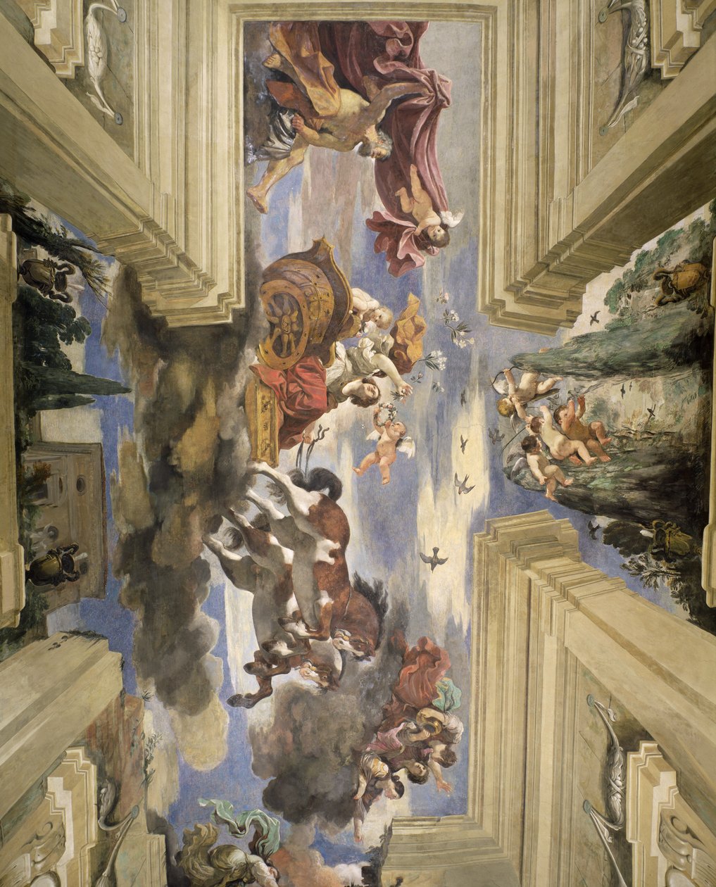A Sala di Aurora Salão do detalhe Dawn do teto retratando Dawns chariot, 1621 têmpera no painel de Giovanni Francesco Barbieri