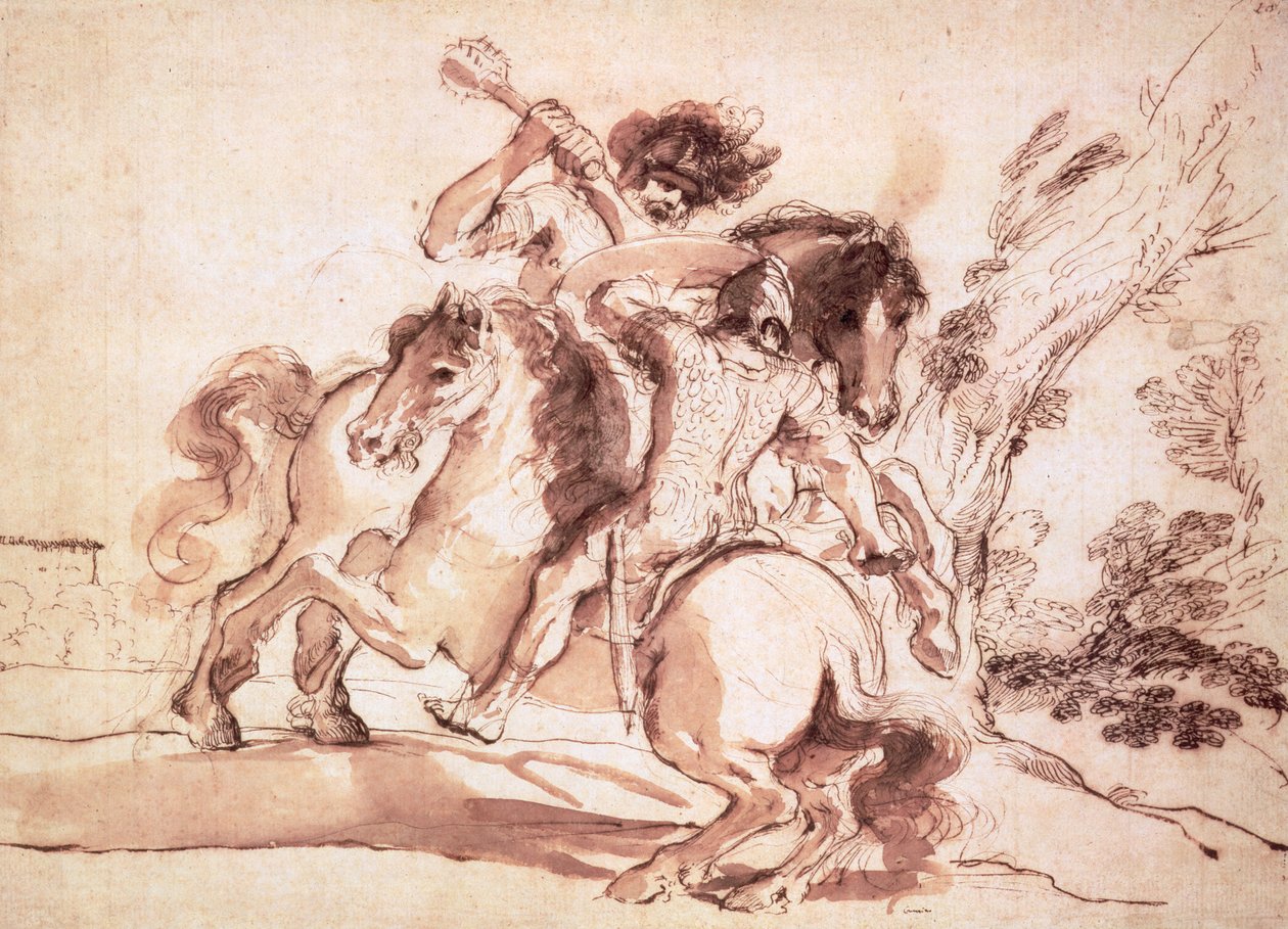 Dois cavaleiros lutando (caneta e tinta no papel) de Giovanni Francesco Barbieri