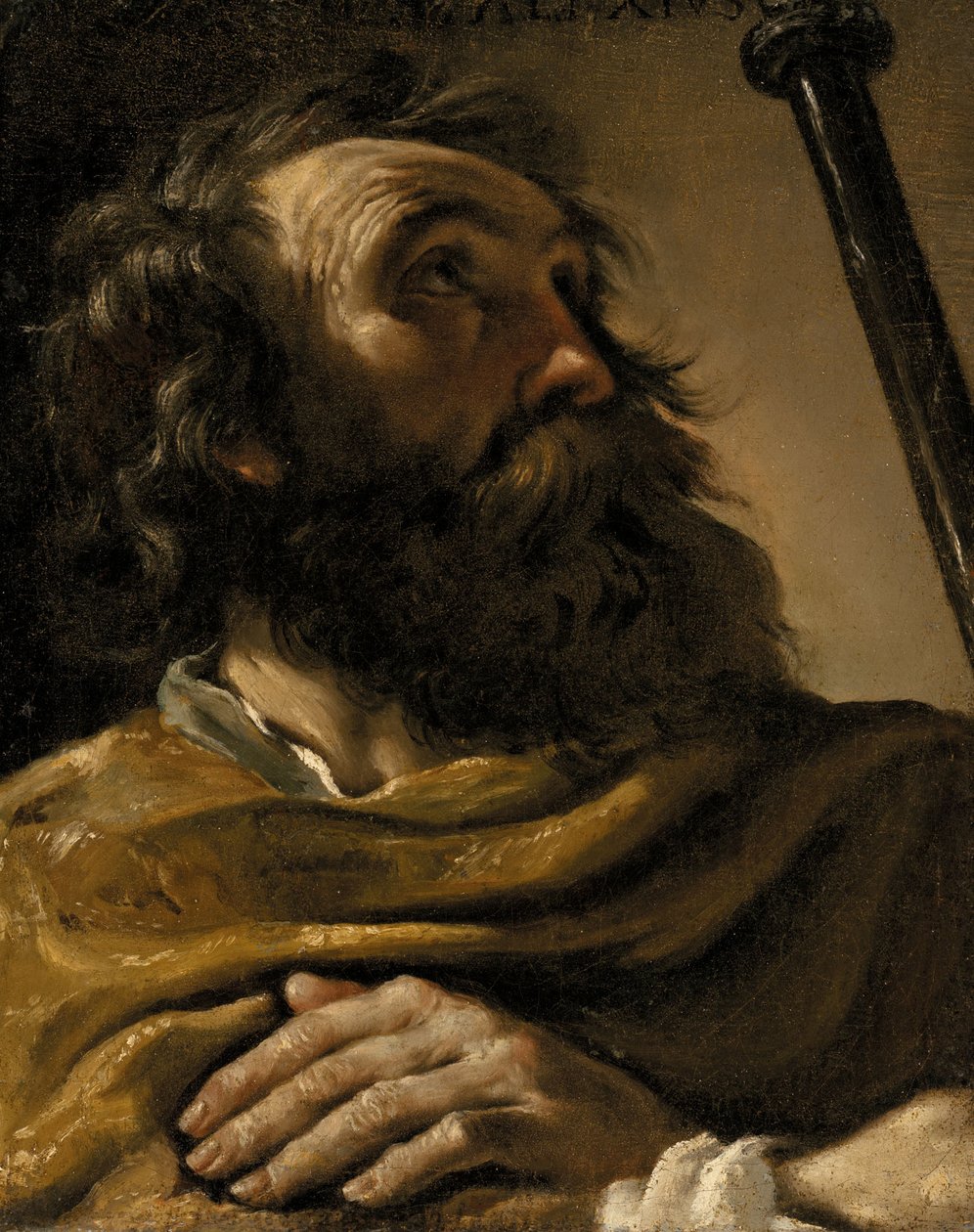 Santo Aleixo com uma capa castanha, segurando um bastão de Giovanni Francesco Barbieri