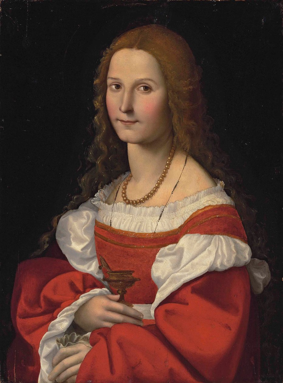 Retrato de uma senhora como Maria Madalena, a meio comprimento, com um vestido vermelho e um colar de pérolas de Giovanni Francesco Caroto