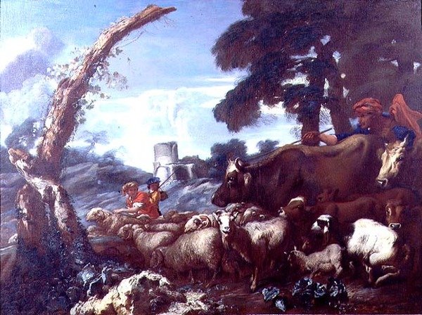 Mãos da fazenda com gado bovino e ovino de Giovanni Francesco Castiglione