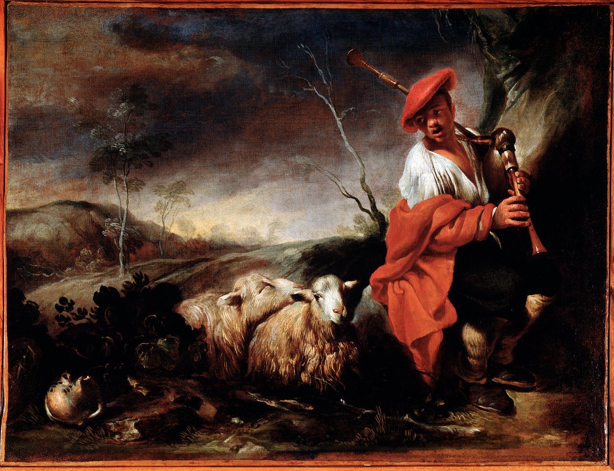 Pastor tocando gaita-de-foles com suas ovelhas Pintura de Giovanni Francesco Castiglione (1641/42-1716) Genes, Musei di Strada Nuova (ex Palazzo Bianco) de Giovanni Francesco Castiglione