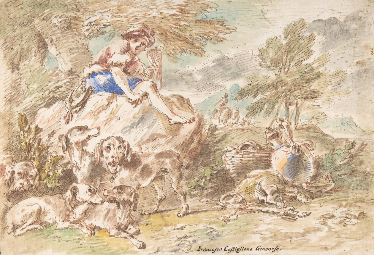 Jovem caçador com seus cães em uma paisagem, 1641-1710. de Giovanni Francesco Castiglione