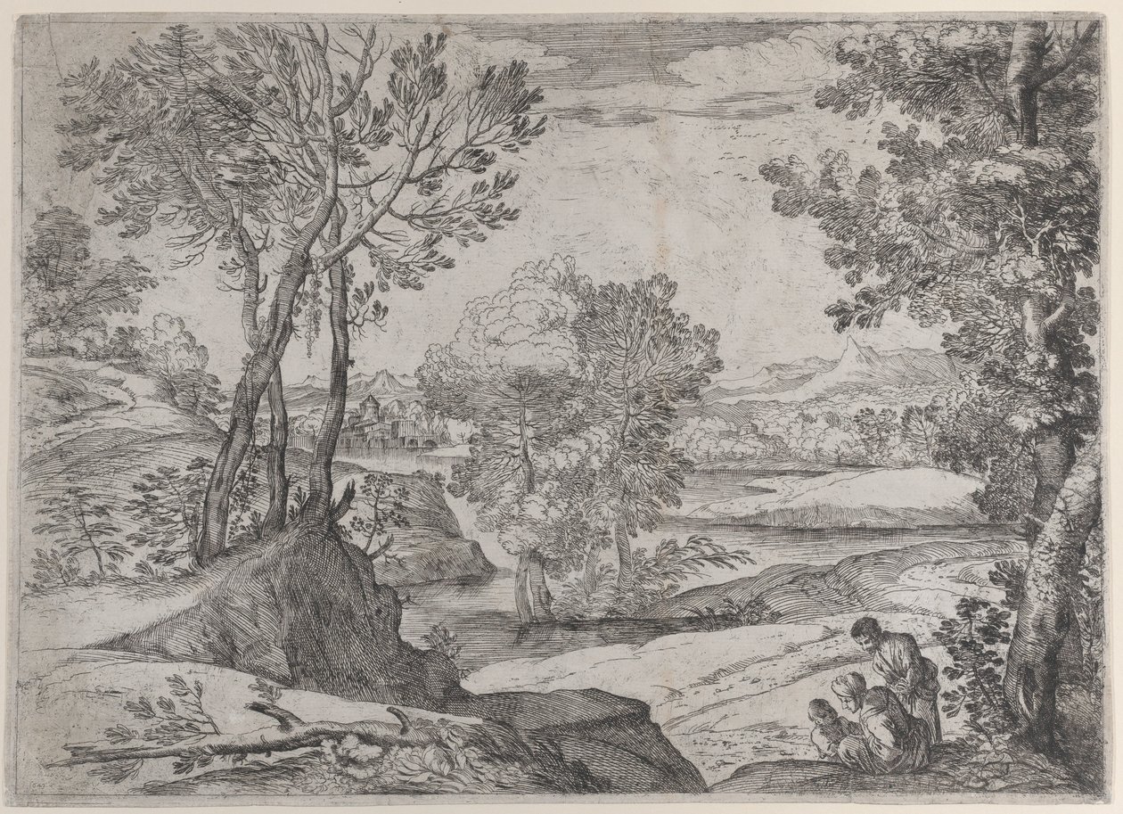 Uma família sentada à beira de um rio, 1643. de Giovanni Francesco Grimaldi