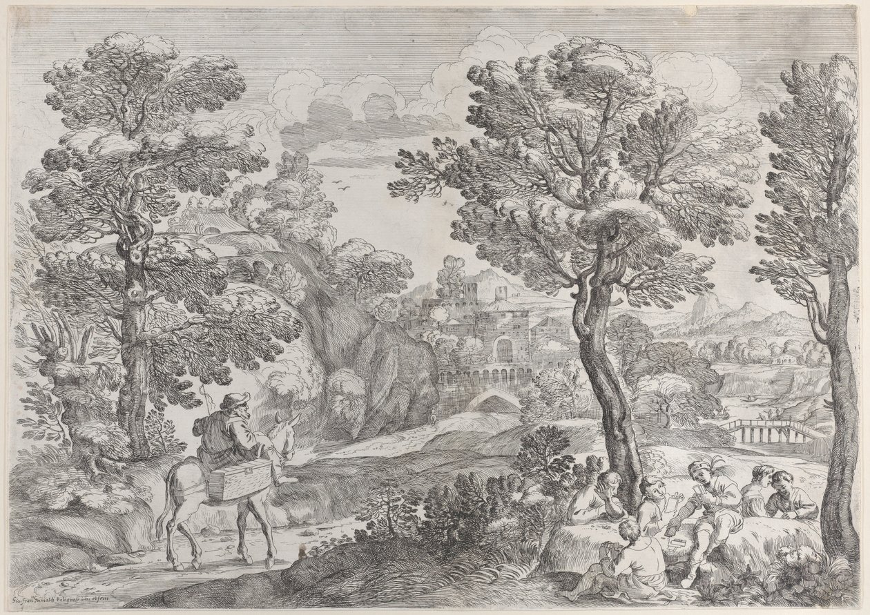 Um grupo de pessoas jogando cartas à direita e um homem a cavalo à esquerda, 1626-80. de Giovanni Francesco Grimaldi