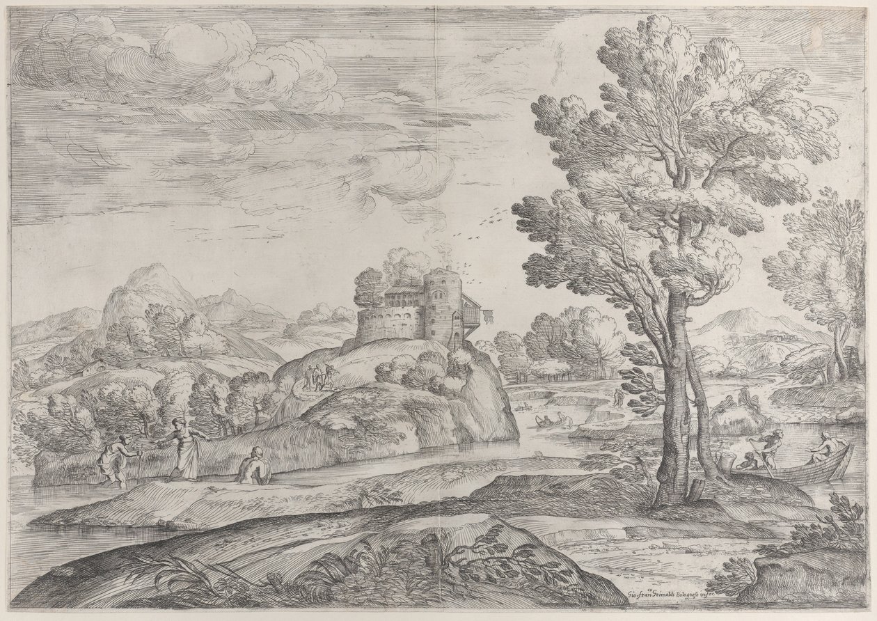 Uma casa em cima de uma pedra redonda no centro, pessoas no rio e em canoas, 1626-80. de Giovanni Francesco Grimaldi