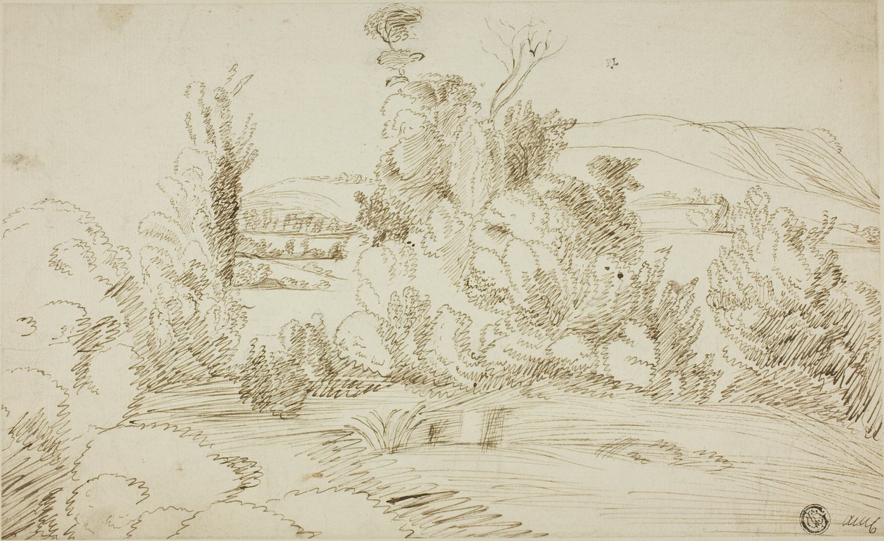 Bosque de árvores com colinas à distância de Giovanni Francesco Grimaldi