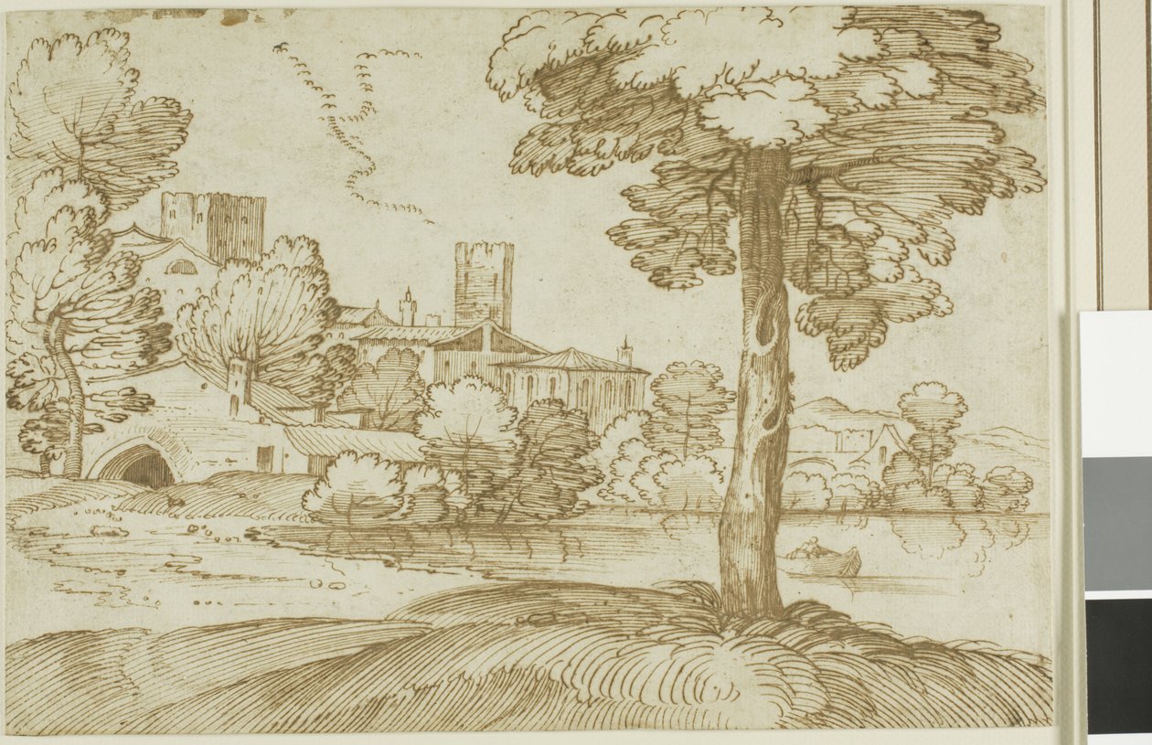 Paisagem com uma grande árvore à direita e uma vista distante de uma cidade à esquerda de Giovanni Francesco Grimaldi