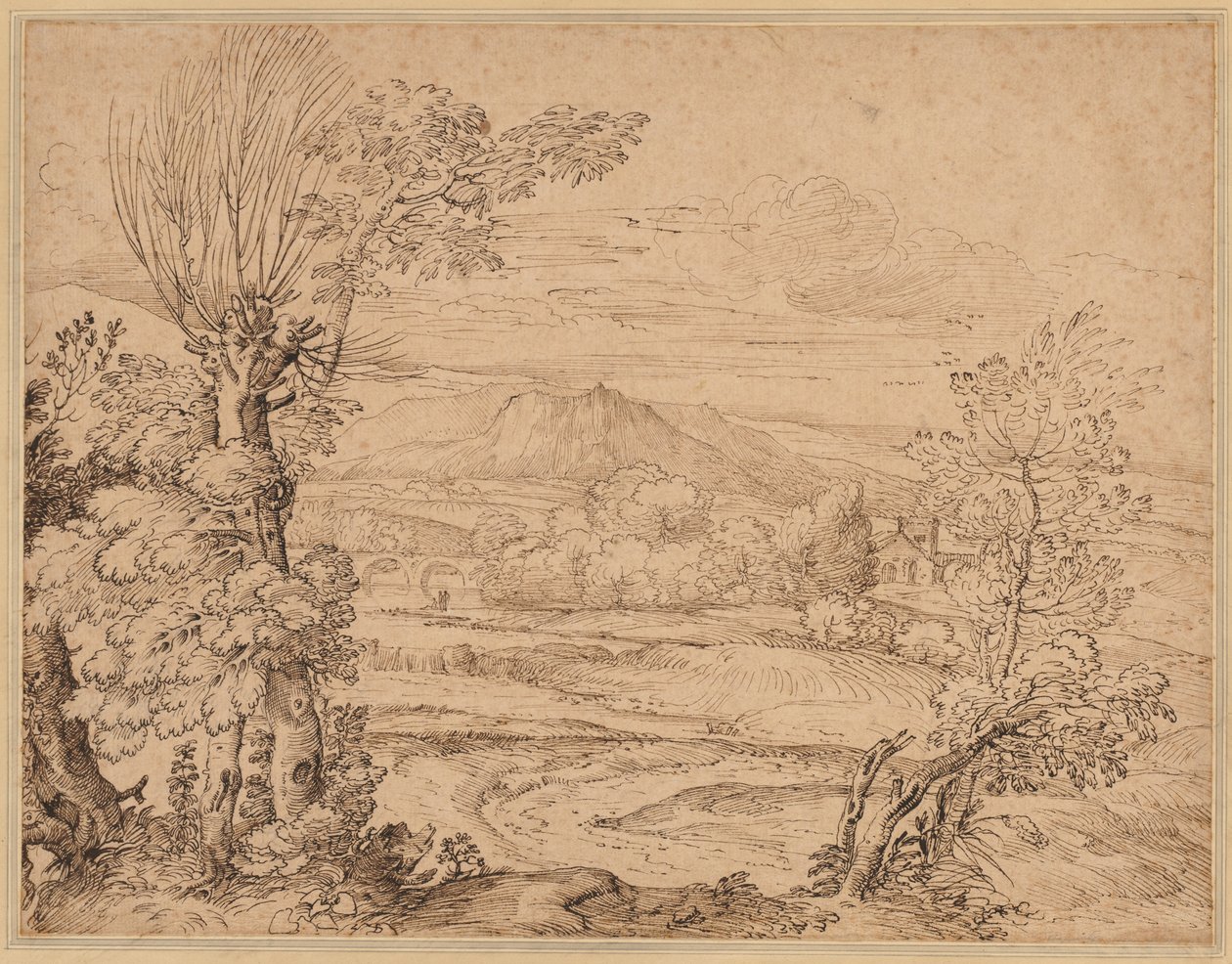 Paisagem com rio e aqueduto, meados de 1600. de Giovanni Francesco Grimaldi
