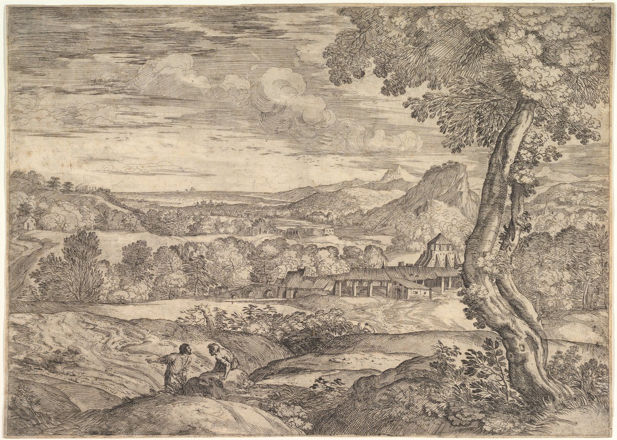 Paisagem com uma fábrica de tijolos ao meio, um homem de pé em primeiro plano p..., 1626-80. de Giovanni Francesco Grimaldi