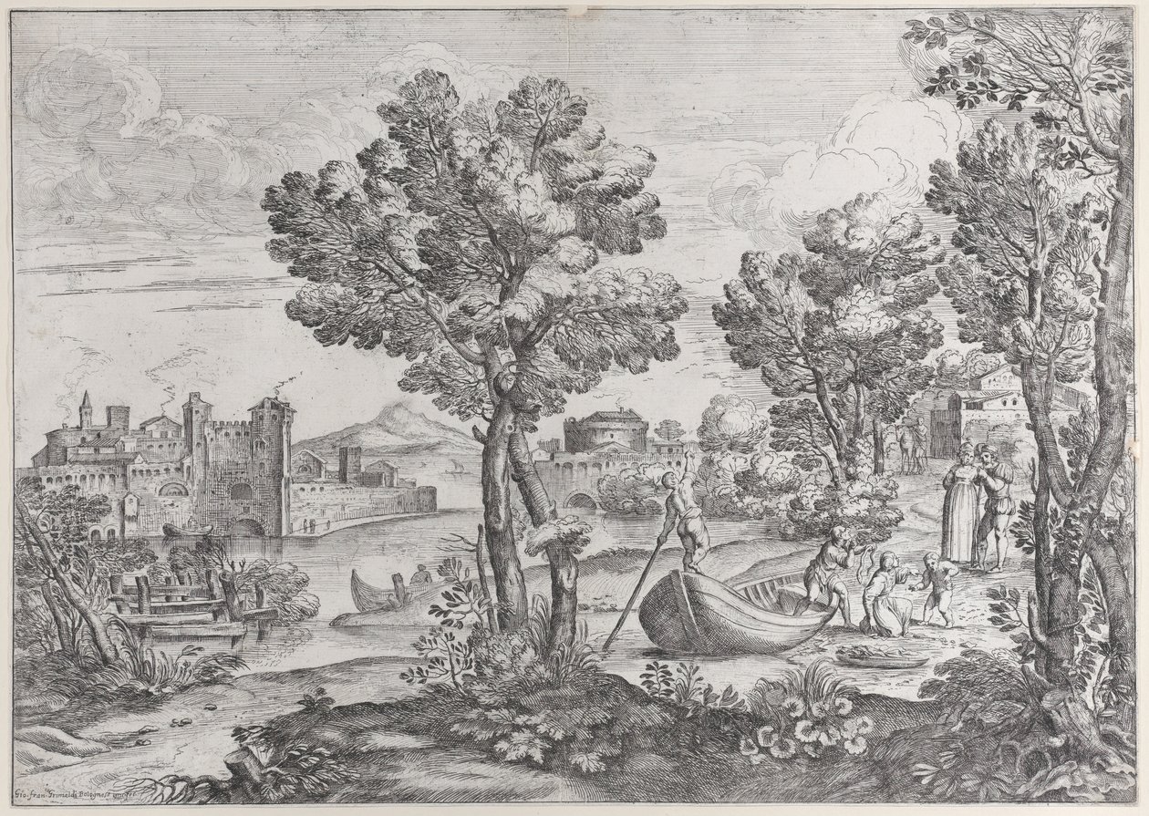 Paisagem com um homem segurando uma cobra para uma criança aterrorizada, observada por um vestido da moda, 1626-80. de Giovanni Francesco Grimaldi