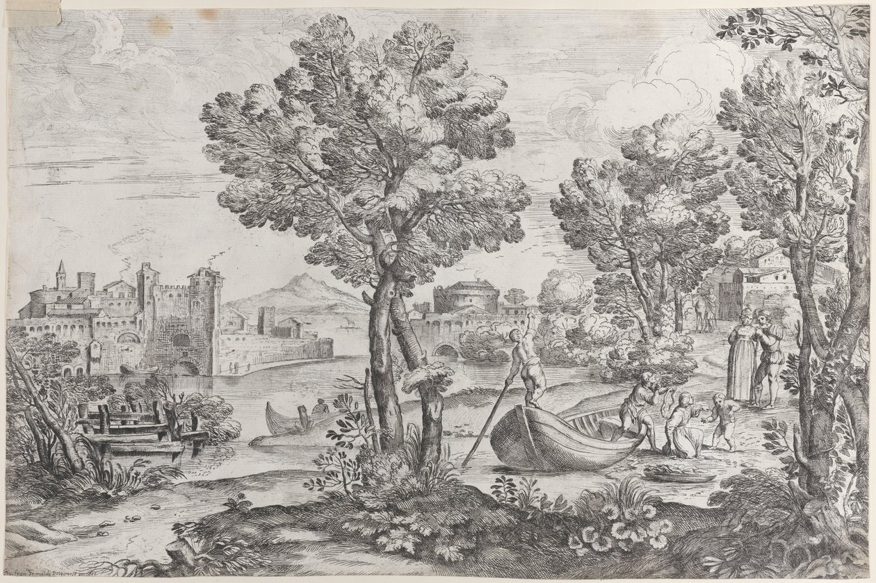 Paisagem com um homem segurando uma cobra para uma criança aterrorizada, observada por um vestido da moda, 1626-80. de Giovanni Francesco Grimaldi