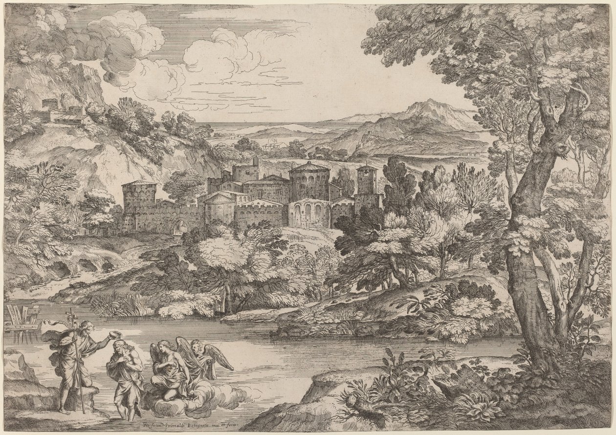 O batismo de Cristo, situado em uma paisagem montanhosa de Giovanni Francesco Grimaldi
