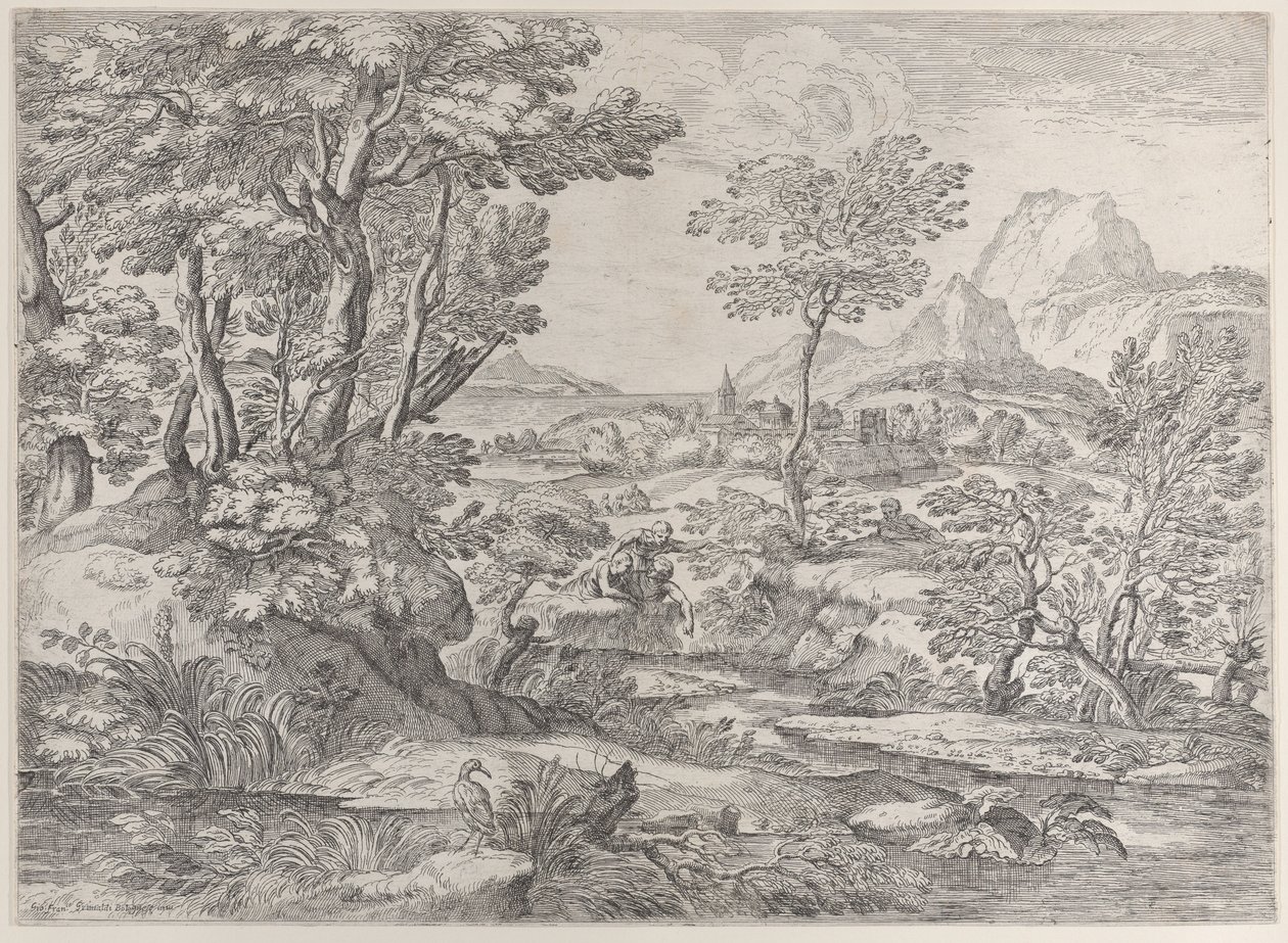 Três meninos em uma paisagem com uma cidade ao fundo, 1626-80. de Giovanni Francesco Grimaldi