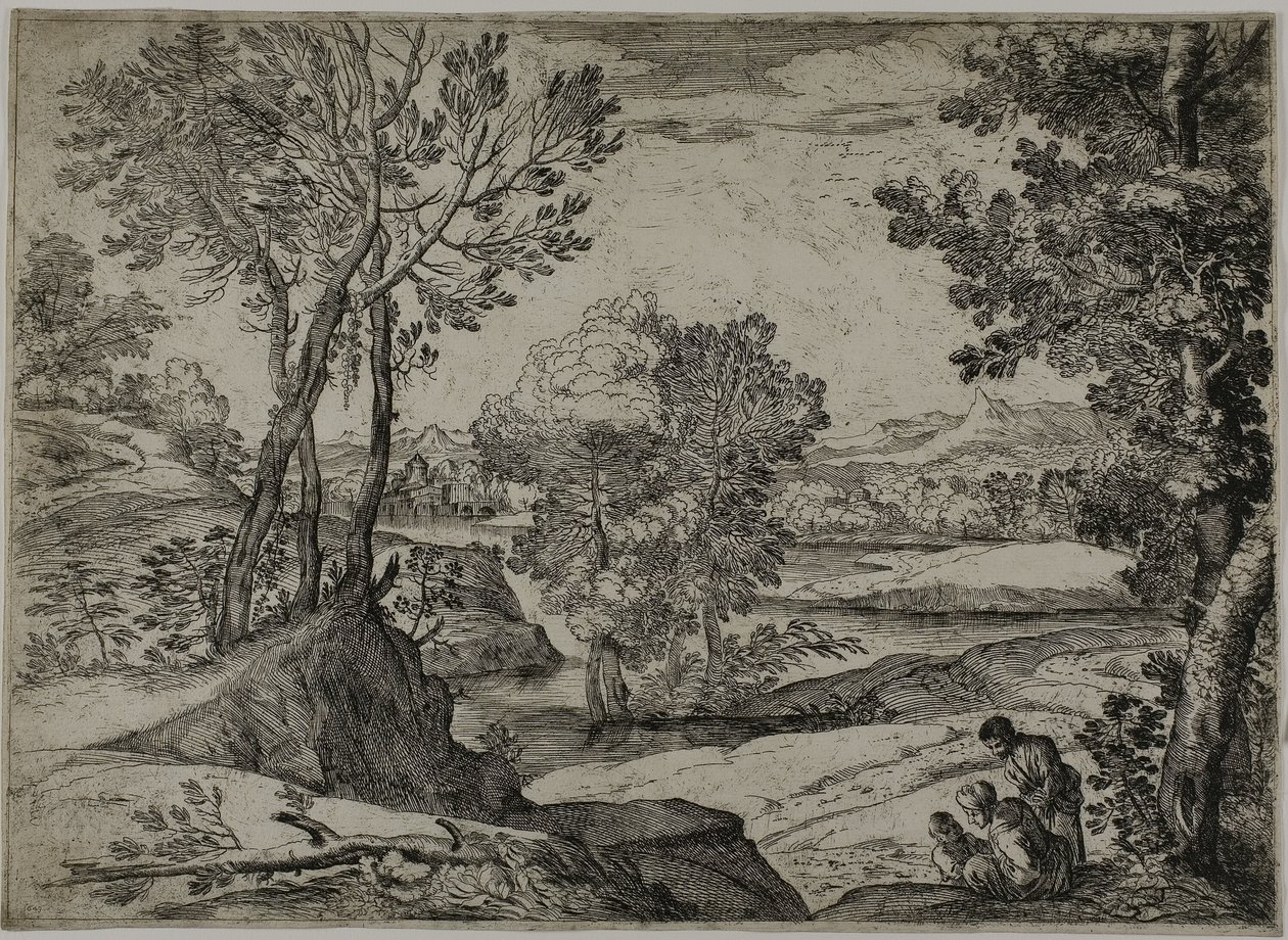 Mulher, seu filho e um homem de pé em uma paisagem de Giovanni Francesco Grimaldi