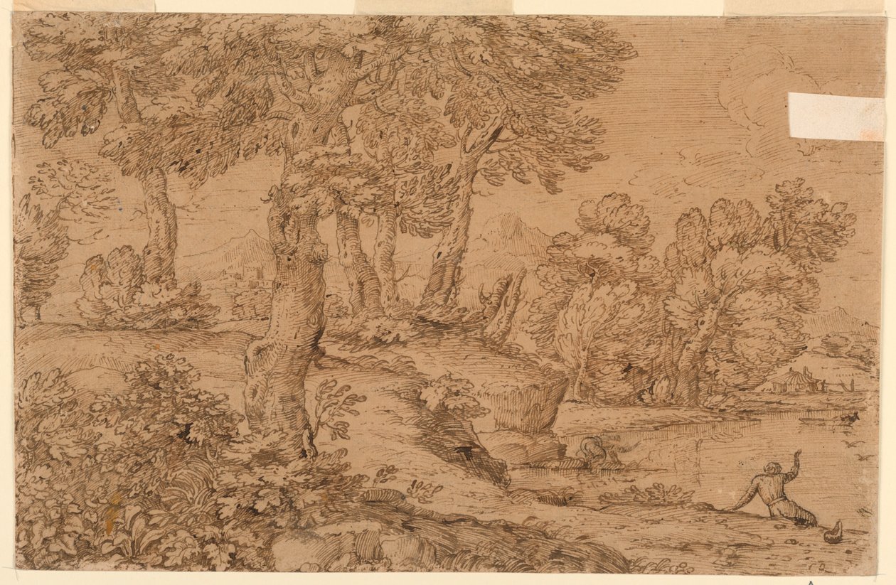Paisagem arborizada com um lago de Giovanni Francesco Grimaldi