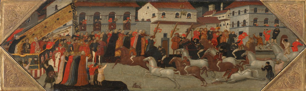 Painel de um Cassone: A corrida do Palio nas ruas de Florença de Giovanni Francesco Toscani