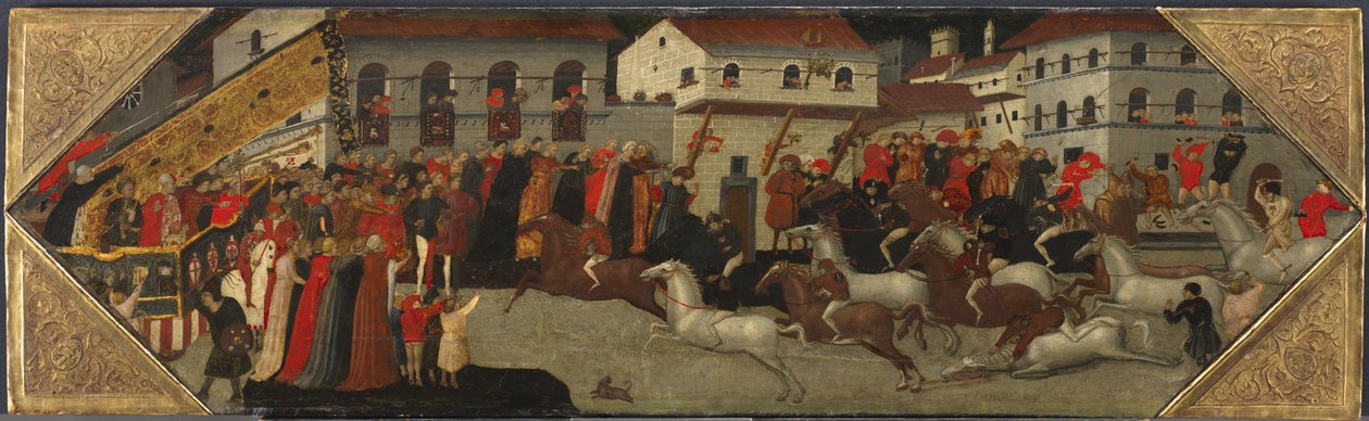 Painel de um Cassone: A corrida do Palio nas ruas de Florença, 1418 de Giovanni Francesco Toscani