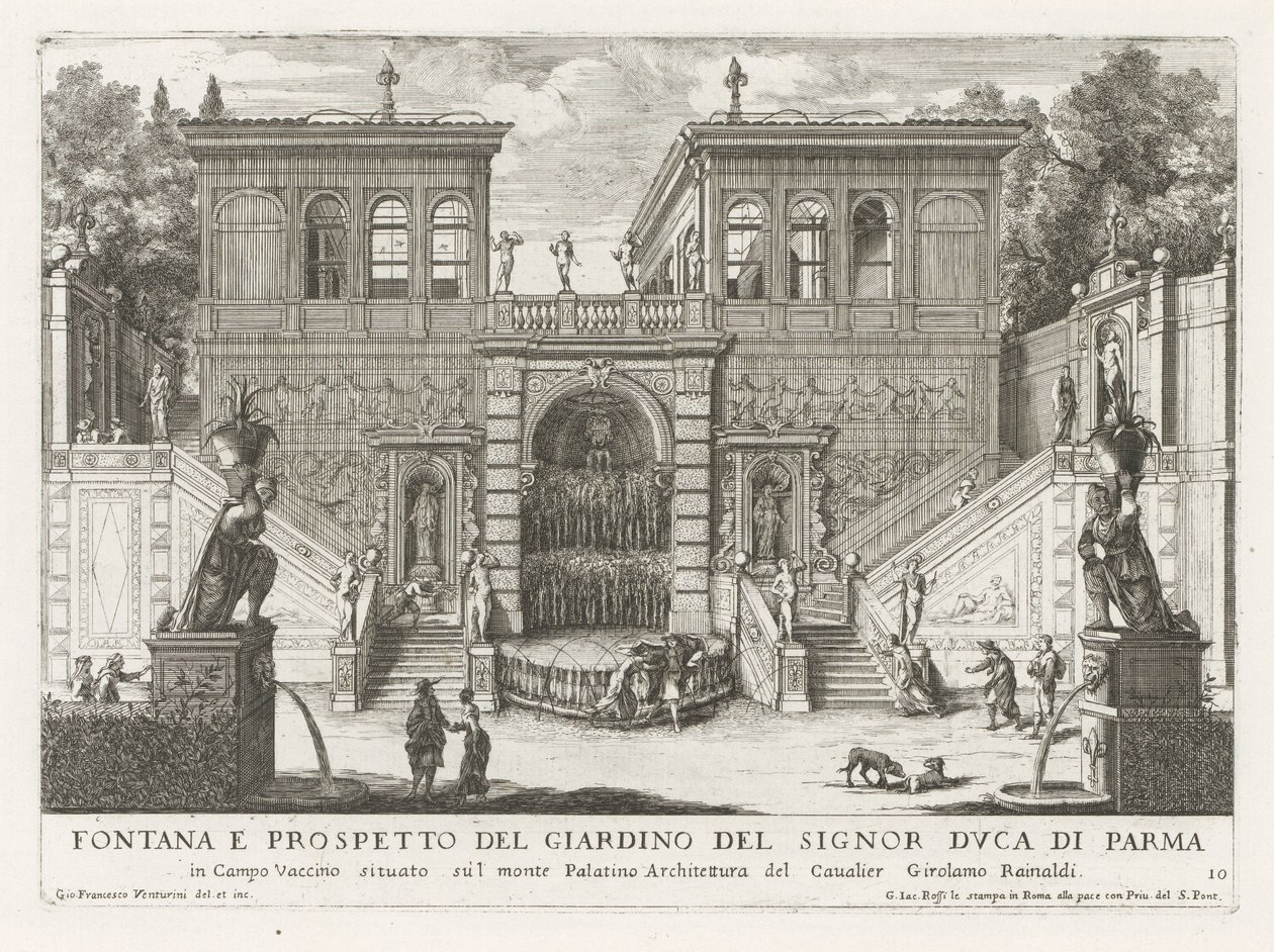 Farnesische Tuinen te Rome Fonte e alçado do jardim do Duque de Parma (...) (título no objeto) As fontes nos palácios e jardins de Roma (título da série) Fonteinen in de paleizen en tuinen van Rome (título da série) de Giovanni Francesco Venturini