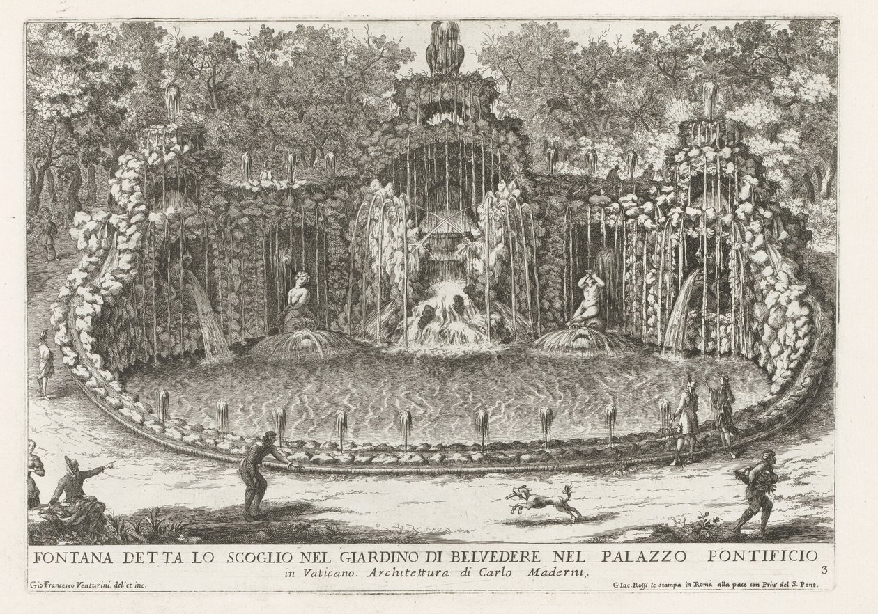 Fonte do Kite in de Vaticaanse tuinen
Fonte chamada "O Penhasco no Jardim do Belvedere no Palácio Papal (...) (título sobre o objecto)
Le fontane ne palazzi e ne giardini di Roma (título da série)
Fonteinen in de paleizen en tuinen van Rome (série de Giovanni Francesco Venturini
