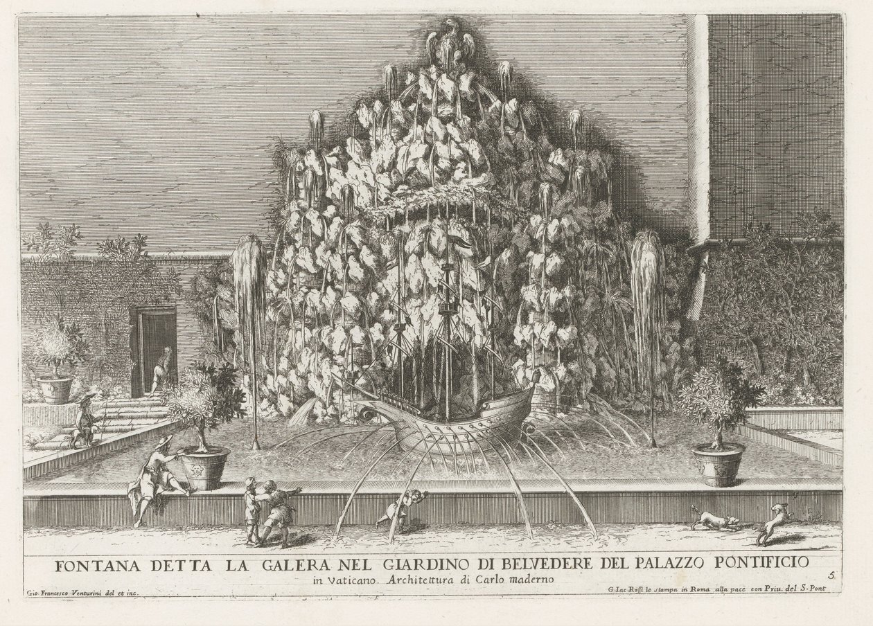 Fonte da Galera em de Vaticaanse tuinen
Fontana detta la galera nel giardino di Belvedere del Palazzo Pontificio (...) (título sobre o objecto)
Le fontane ne palazzi e ne giardini di Roma (título da série)
Fonteinen in de paleizen en tuinen van Rome (sé de Giovanni Francesco Venturini