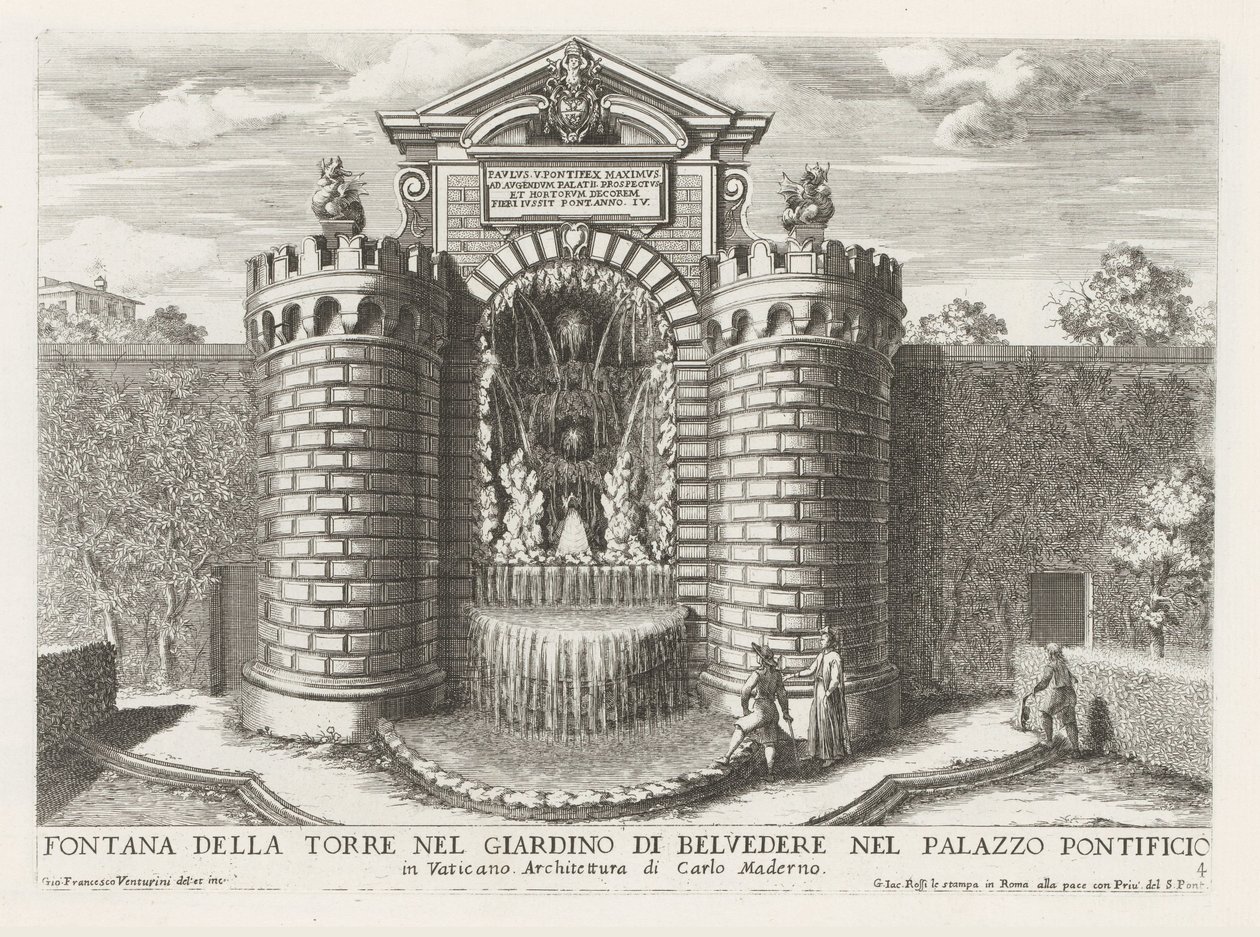Fontein in de Vaticaanse tuinen
Fontana della torre nel giardino di Belvedere nel Palazzo Pontificio (...) (título sobre o objecto)
Le fontane ne palazzi e ne giardini di Roma (título da série)
Fonteinen in de paleizen en tuinen van Rome (título da séri de Giovanni Francesco Venturini