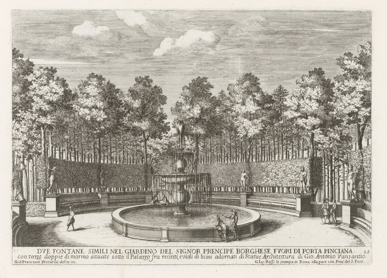 Fontein in de Villa Borghese te Rome
Due fontane simili nel giardino del signor prencipe Borghese (...) (título sobre o objecto)
Le fontane ne palazzi e ne giardini di Roma (título da série)
Fonteinen in de paleizen en tuinen van Rome (título da série) de Giovanni Francesco Venturini