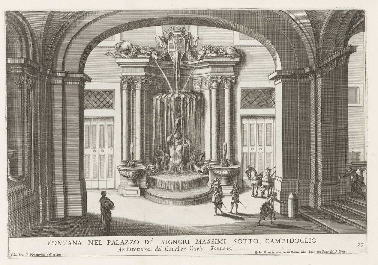 Fontein in de binnenplaats van het Palazzo Massimo di Rignano te Rome Fonte no Palazzo de Signori Massimi sob o Campidoglio (título no objeto) As fontes nos palácios e jardins de Roma (título da série) Fonteinen in de paleizen en tuinen van Rome (grave de Giovanni Francesco Venturini