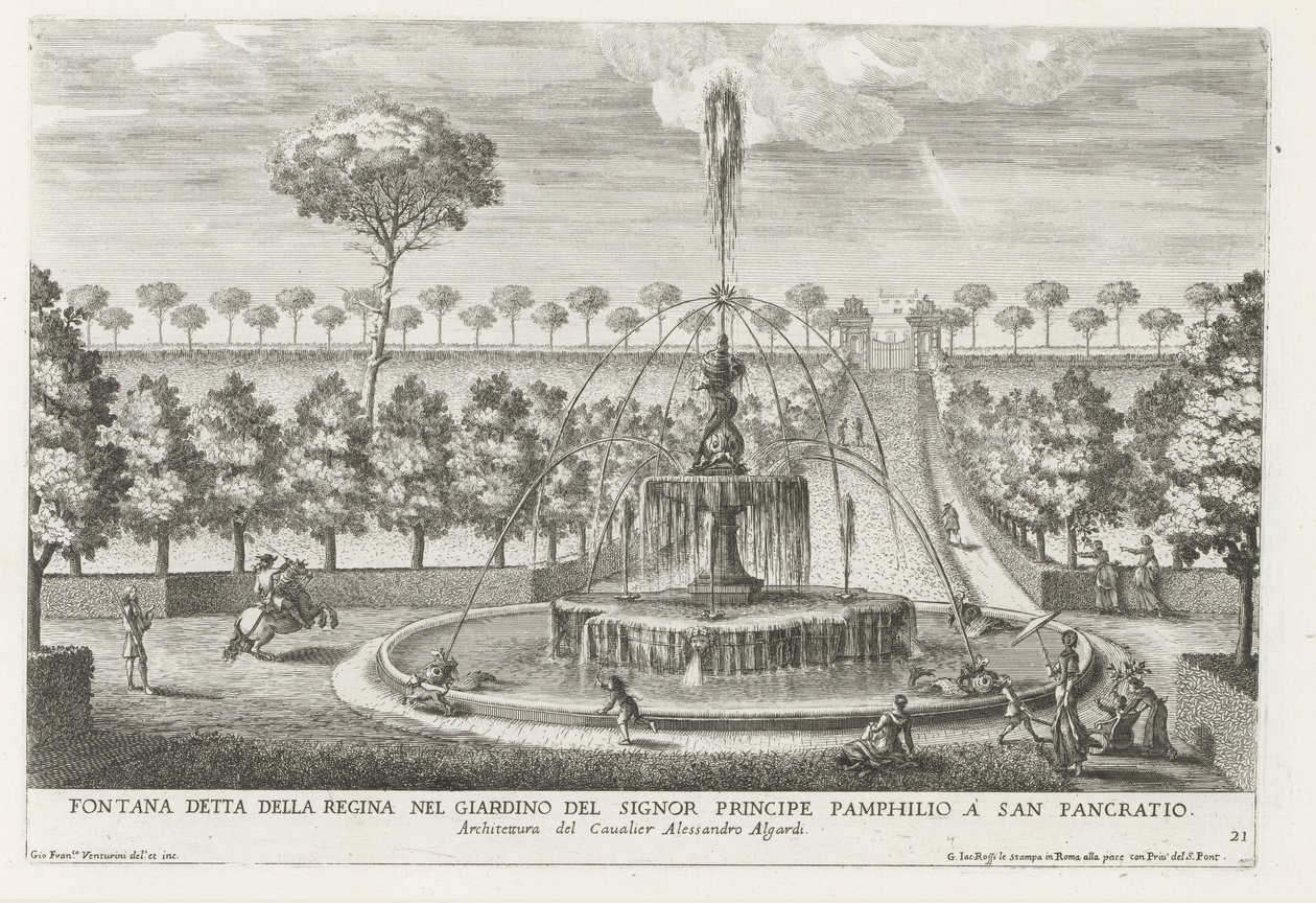 Fontein in de tuinen van Villa Doria Pamphilj te Rome
Fontana detta della regina nel giardino del signor principe Pamphilio a San Pancratio (título sobre o objecto)
Le fontane ne palazzi e ne giardini di Roma (título da série)
Fonteinen in de paleizen e de Giovanni Francesco Venturini