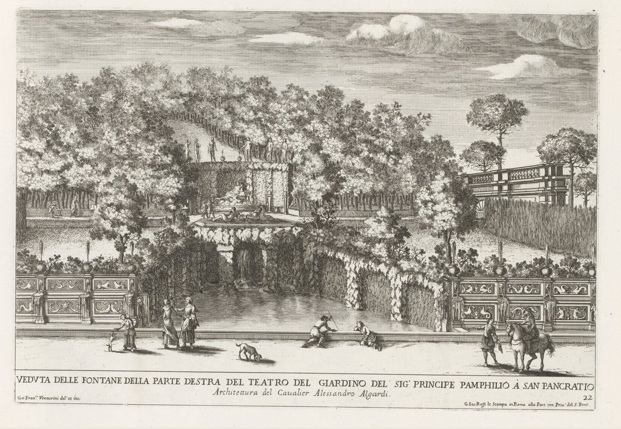 Fontein in de tuinen van Villa Doria Pamphilj te Rome Vista das fontes do lado direito do teatro jardim (...) (título no objeto) As fontes nos palácios e jardins de Roma (título da série) Fonteinen in de paleizen en tuinen van Rome (série de Giovanni Francesco Venturini