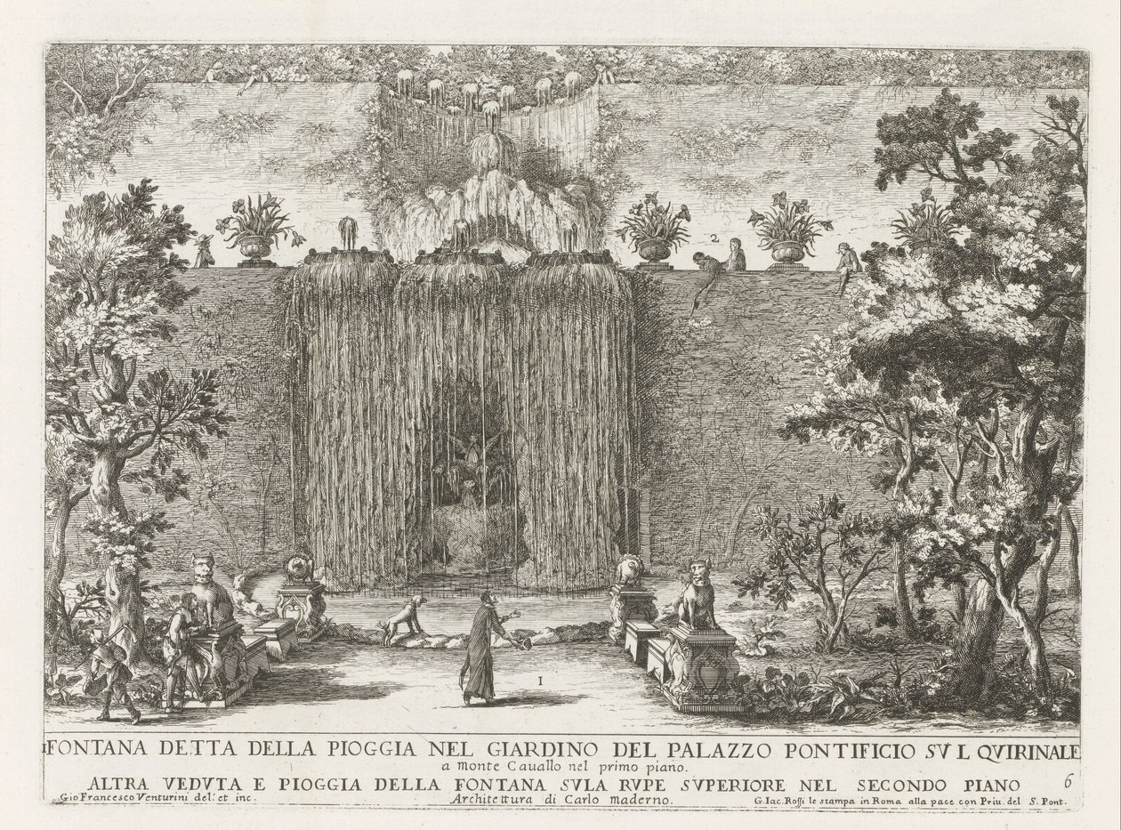 Fontein in de tuinen van het Palazzo del Quirinale te Rome
Fontana detta della pioggia nel giardino del palazzo pontificio sul Quirinale (...) (título sobre o objecto)
Le fontane ne palazzi e ne giardini di Roma (título da série)
Fonteinen in de paleize de Giovanni Francesco Venturini