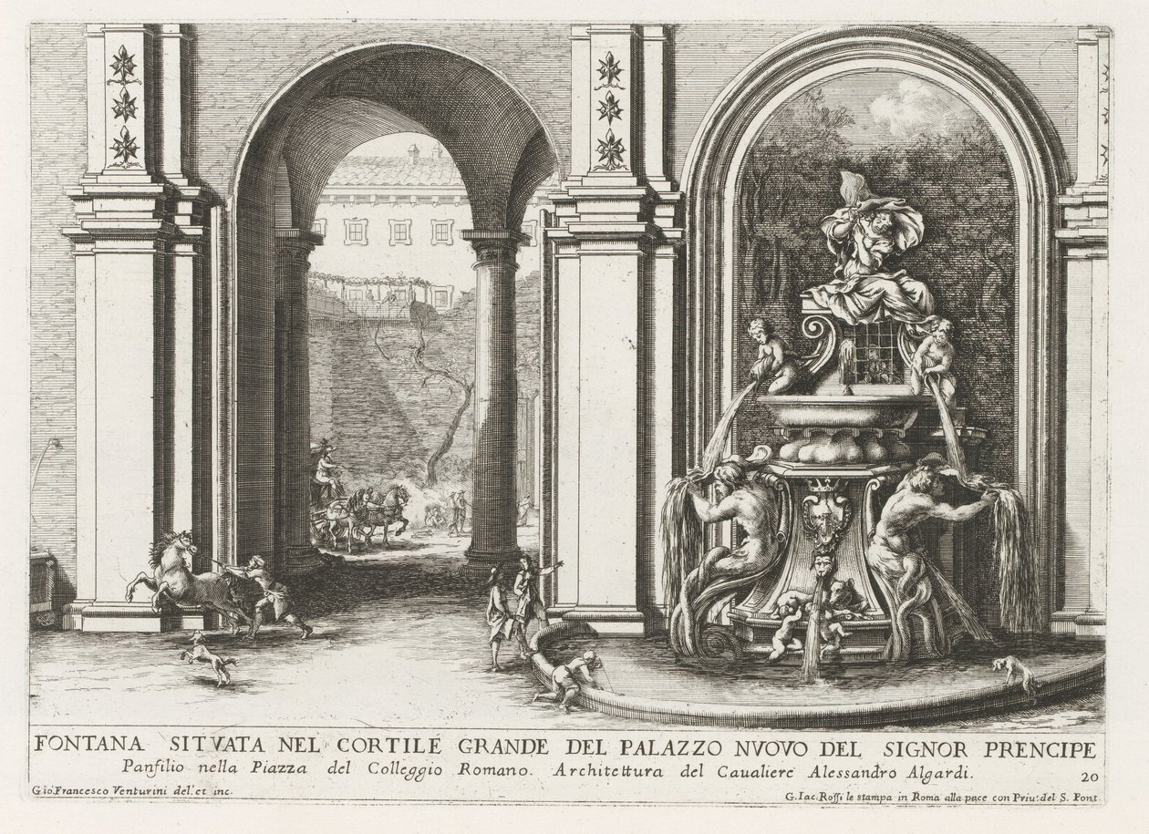 Fontein em een ​​binnenplaats van het Palazzo Doria Pamphilj te Rome Fonte localizada no grande pátio do Palazzo Nuovo del Signor prencipe (...) (título no objeto) As fontes nos palácios e jardins de Roma (título da série) Fonteinen in de paleizen en tu de Giovanni Francesco Venturini