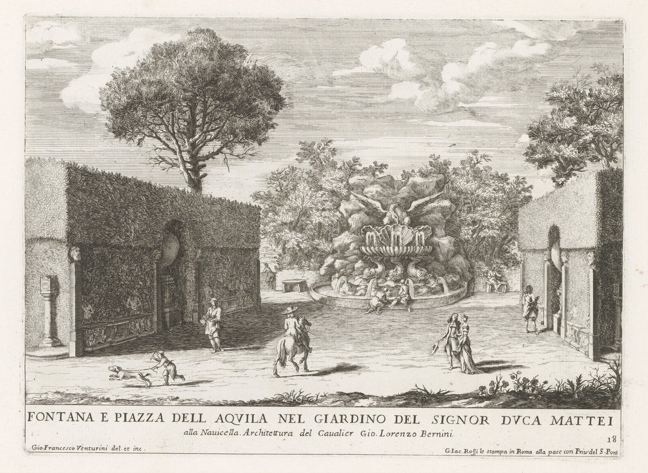 Fontein encontrou-se adelaar em de tuinen van de Villa Celimontana te Rome
Fontana e piazza del aquila nel giardino del signor duca Mattei (...) (título sobre o objecto)
Le fontane ne palazzi e ne giardini di Roma (título da série)
Fonteinen in de palei de Giovanni Francesco Venturini