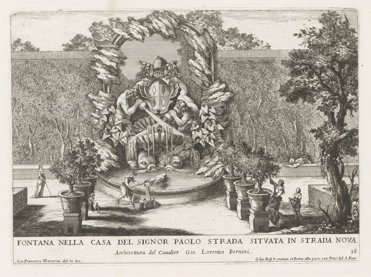 Fonte com um brasão de armas papal, dois tritões e golfinhos
Fontana nella casa del signor Paolo strada situata in strada nova (título sobre o objecto)
Le fontane ne palazzi e ne giardini di Roma (título da série)
Fontes nos palácios e jardins de Roma ( de Giovanni Francesco Venturini