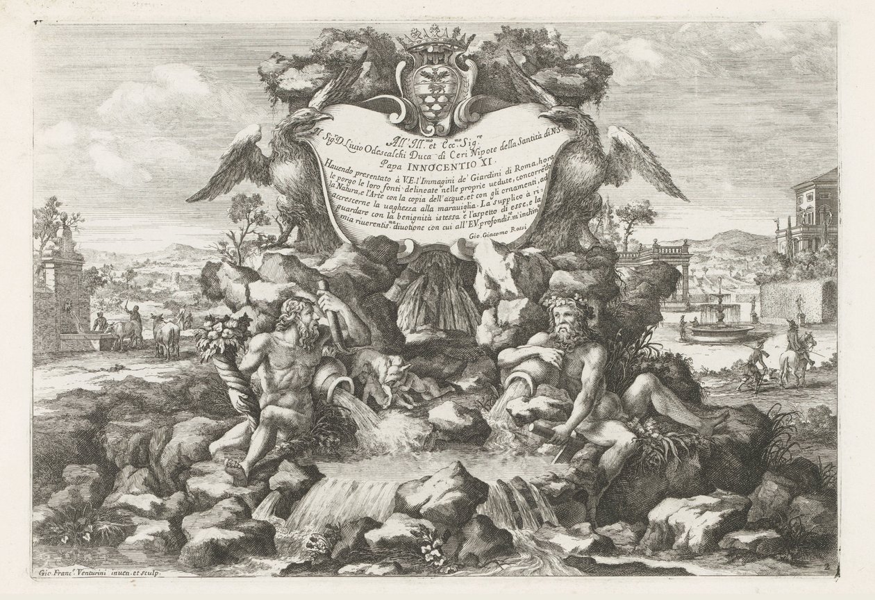 Fonte com dedicatória e brasão de Livio Odescalchi Le fontane ne palazzi e ne giardini di Roma (título da série) Fontes nos Palácios e Jardins de Roma (título da série) de Giovanni Francesco Venturini