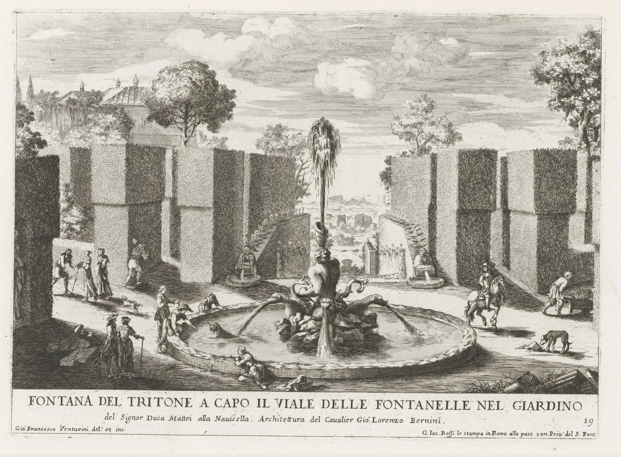 Fontein met triton in de tuinen van de Villa Celimontana te Rome
Fontana del tritone a capo il viale della fontanelle nel giardino (...) (título sobre o objecto)
Le fontane ne palazzi e ne giardini di Roma (título da série)
Fonteinen in de paleizen en t de Giovanni Francesco Venturini