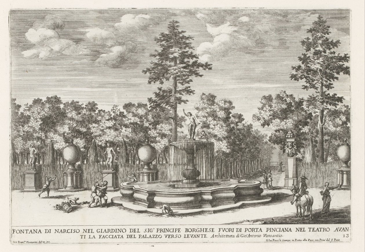 Fontein van Narciso em de Villa Borghese te Roma Fonte de Narciso no jardim do Sr. Príncipe Borghese (...) (título no objeto) As fontes nos palácios e jardins de Roma (título da série) Fonteinen in de paleizen en tuinen van Rome (título da série) de Giovanni Francesco Venturini