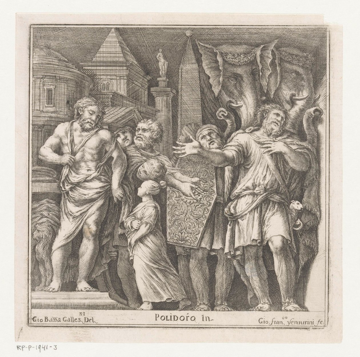 Grupo de figuras e dois elefantes numa cidade de Giovanni Francesco Venturini