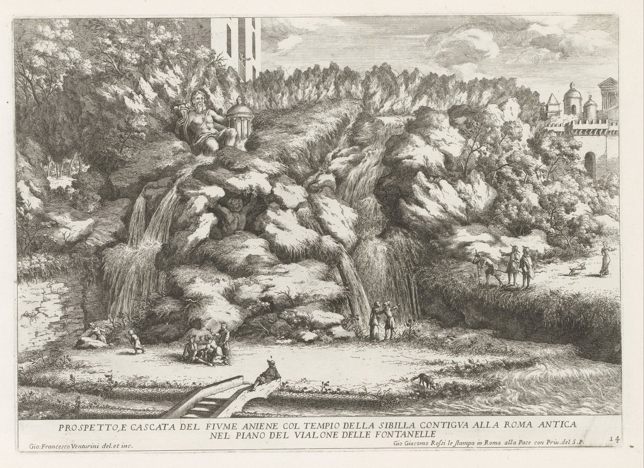 Landschap met cascade en Tempel van de Tiburtijnse Sibille te Tivoli
Prospetto e cascade del fiume aniene col tempio della sibilla (...) (título sobre o objecto)
Le fontane del giardino Estense em Tivoli (título da série)
Fonteinen in de tuinen van Vill de Giovanni Francesco Venturini