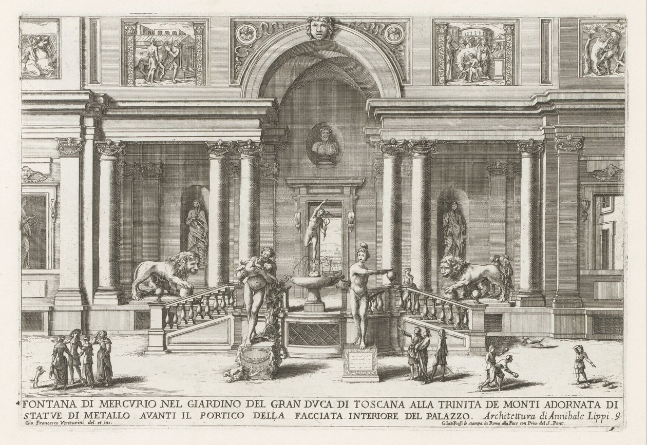 Loggia en tuin van de Villa Medici te Rome
Fontana di Mercurio nel giardino del gran duca di Toscana alla Trinita de Monti (...) (título sobre o objecto)
Le fontane ne palazzi e ne giardini di Roma (título da série)
Fonteinen in de paleizen en tuinen va de Giovanni Francesco Venturini