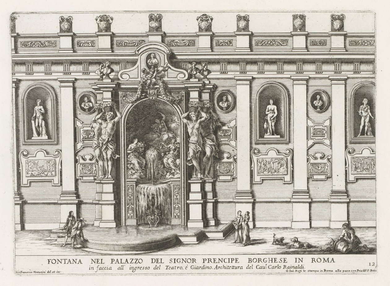 Nymphaeum no pátio do Palazzo Borghese em Roma
Fontana nel palazzo del signor prencipe Borghese in Roma (...) (título sobre o objecto)
Le fontane ne palazzi e ne giardini di Roma (título da série)
Fontes nos palácios e jardins de Roma (série de Giovanni Francesco Venturini